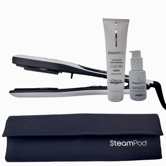 SteamPod 3.0 with Black Pouch and products for fine or thick hair